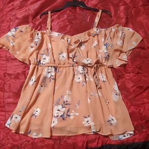 Peach floral chiffon cold shoulder